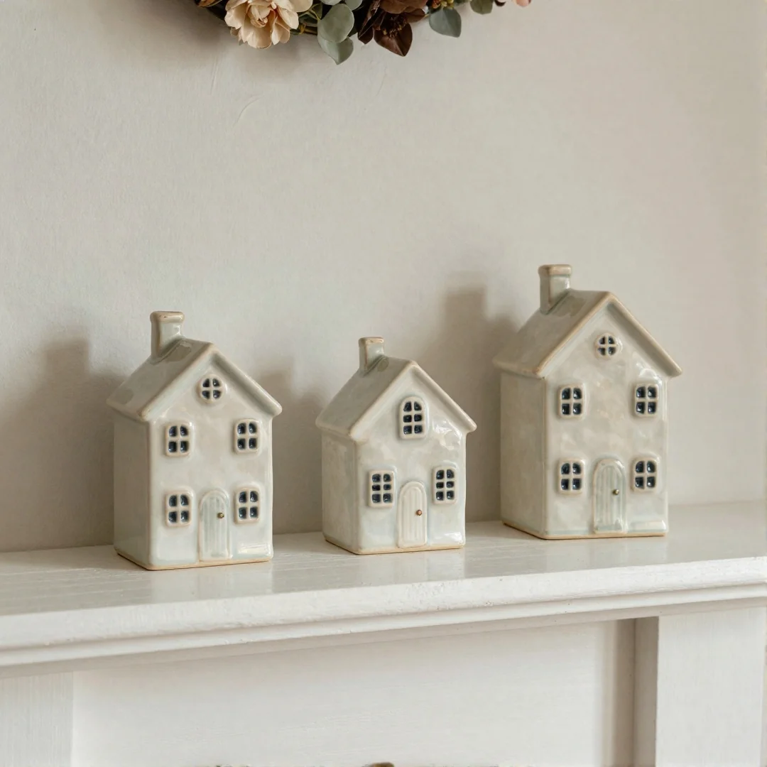 Ceramic House Display - spring mantel decor ideas