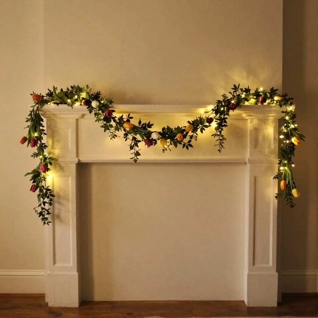 Floral Garland Mantel - spring mantel decor ideas
