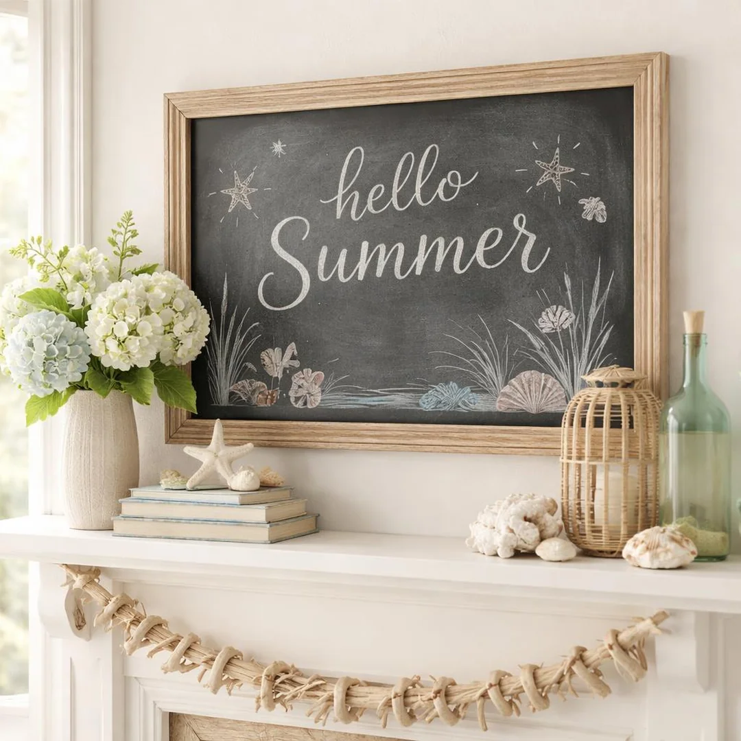 Chalkboard Mantel Basics - summer mantel decor