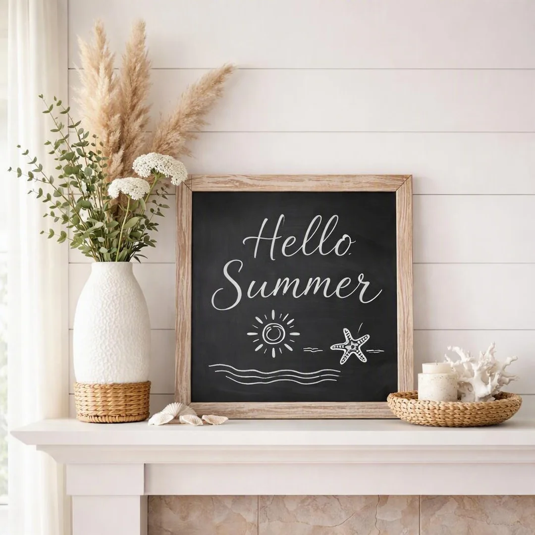 Chalkboard Shelf Styling - summer mantel decor