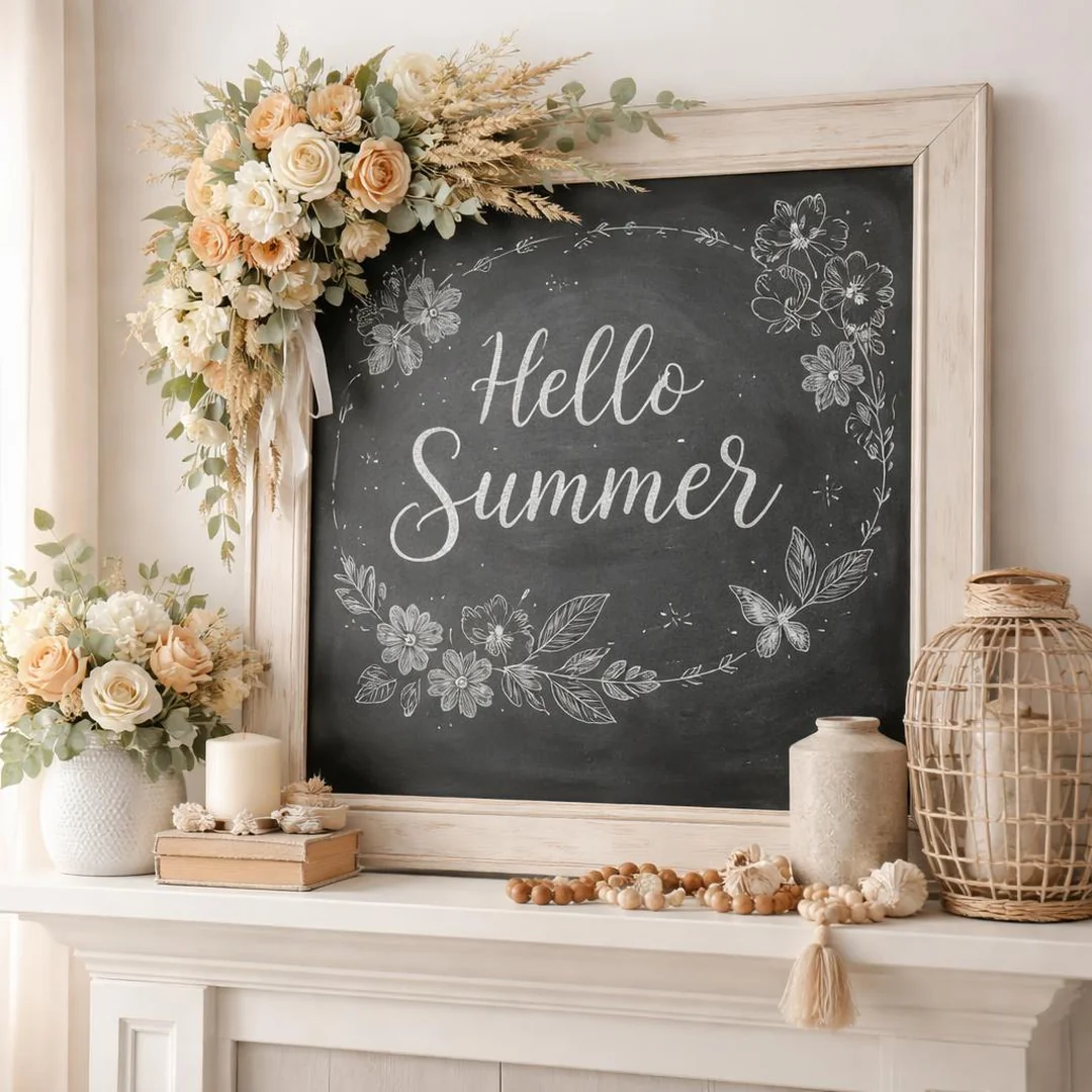 Floral Chalkboard Frame - summer mantel decor