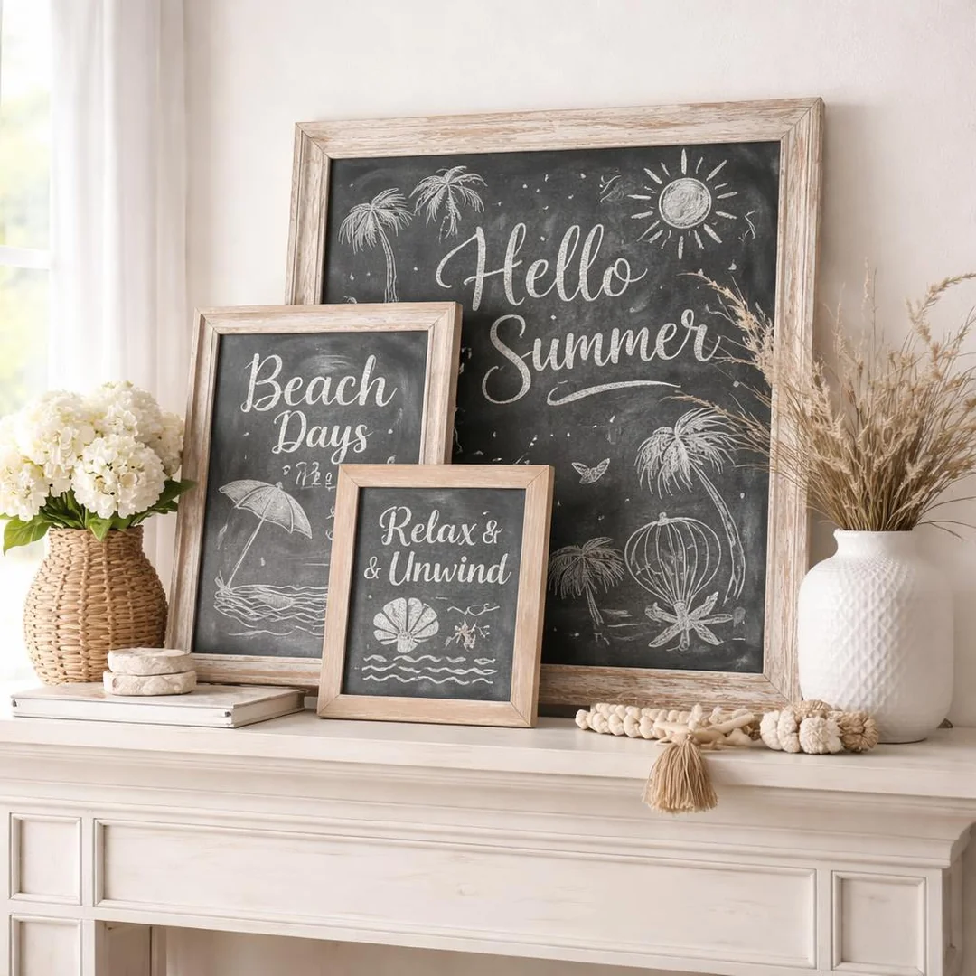 Layered Chalkboard Collage - summer mantel decor