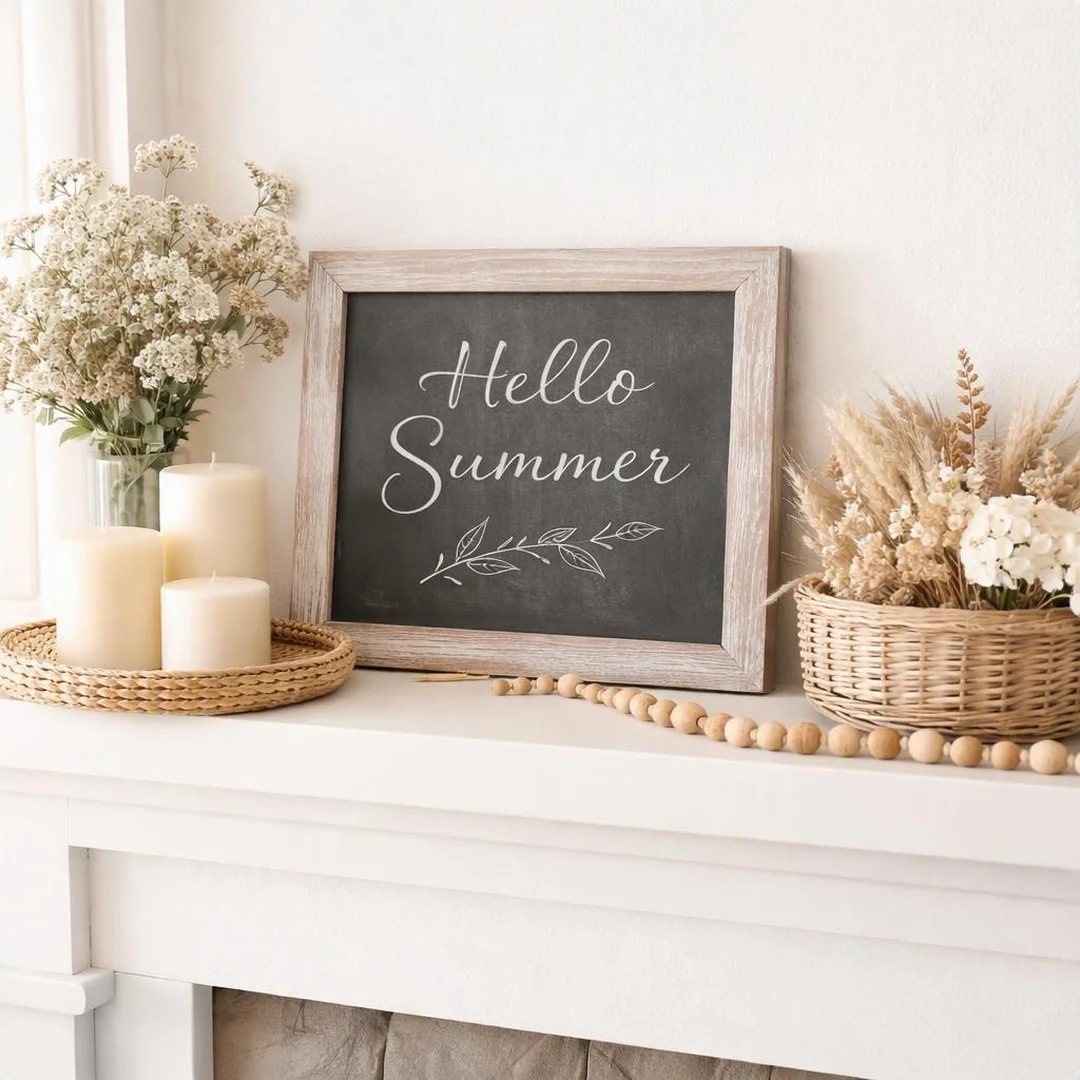 Neutral Chalkboard Vignette - summer mantel decor