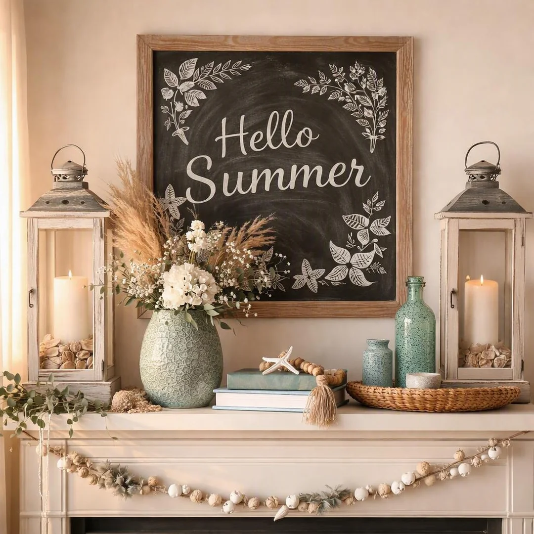 Summer Mantel Chalkboard - summer mantel decor